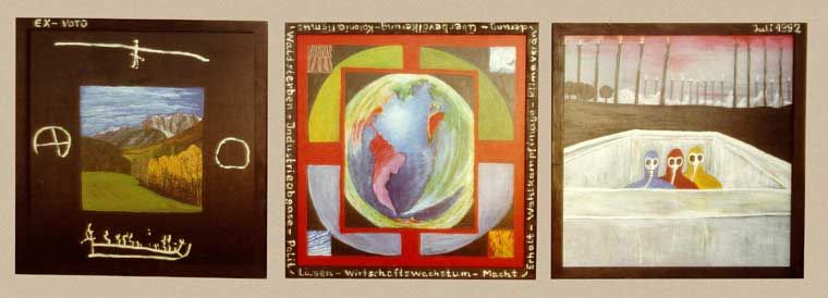 „Bis zum Äußersten gehen”, Triptychon 3,95x1,25m, Acryl auf Spanplatte, 1992