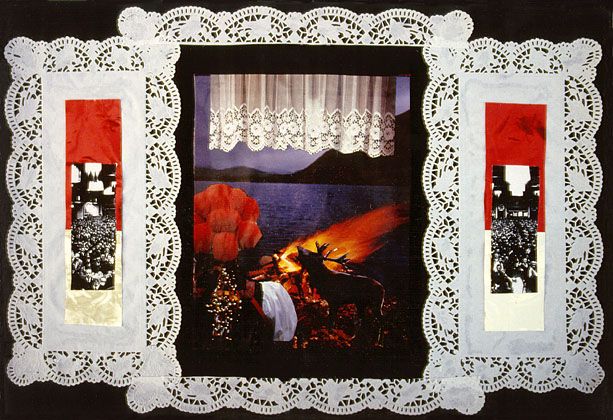 „Lenz”, Collage 70x50cm, Zeitungsausschnitte, Pastellkreide, Papierspitzen und Glanzpapier, 1987