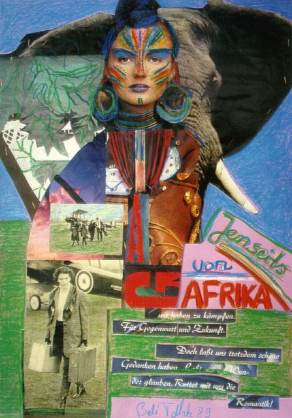 „Jenseits von Afrika”, Hommage an Tania Blixens, Collage 50x70cm, Zeitungsausschnitte und Pastellkreide, 1989