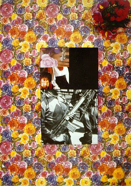 „Blumen für die Revolutionäre”, Collage 50x70cm, Zeitungsausschnitte, Geschenkpapier mit Plastik-Rosen, 1987