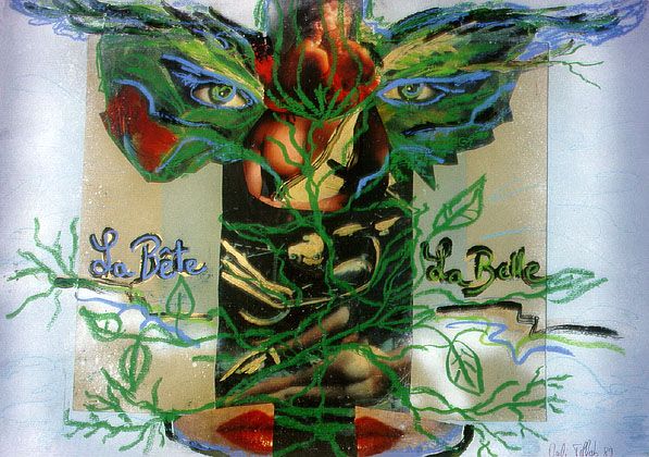 „La Belle - La Bête” (die Schöne und das Tier), Collage 70x50cm, Zeitungsausschnitte und Pastellkreide, 1989