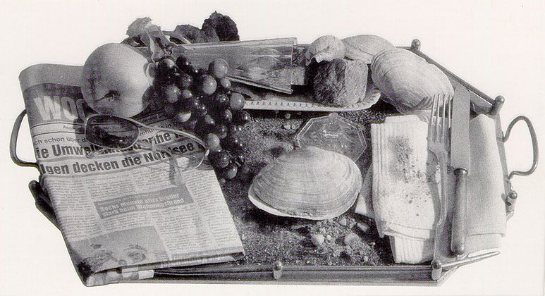 „Meeresfrühstück”, Objekt 52x30cm, Zeitung, Brille, Porzellanhand, Gabel, Messer, Glas, Muscheln, Schneckengehäuse, Steine, Sand, Plastik-Obst, 1988